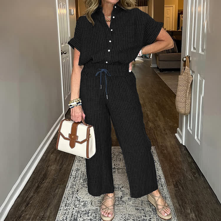 Elegant Striped Print Short-sleeve Shirt & Pants - Black - 5XL - image 2
