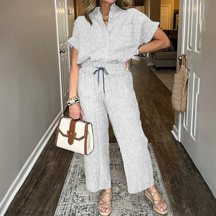 Elegant Striped Print Short-sleeve Shirt & Pants - White - 5XL - image 1