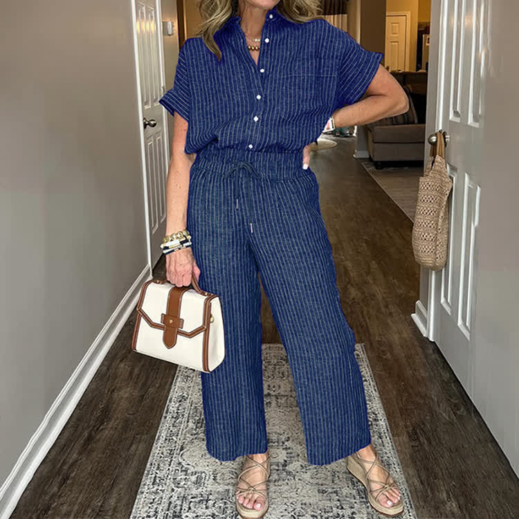 Elegant Striped Print Short-sleeve Shirt & Pants - Navy Blue - 5XL - image 5