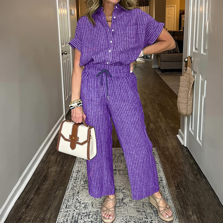 Elegant Striped Print Short-sleeve Shirt & Pants - Purple - 5XL - image 9