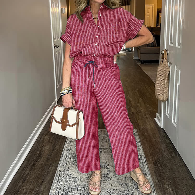 Elegant Striped Print Short-sleeve Shirt & Pants - Red - 5XL - image 8