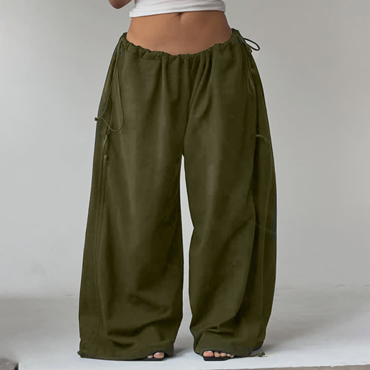 Soid Over Loose Fit With Drawstring Waist And Cuffs Pants - Army Green - 2XL - image 2