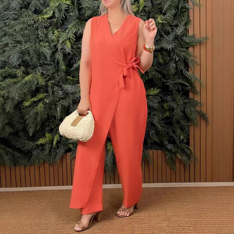 Elegant Solid Overlapping Straps V-neck Sleeveless Jumpsuit - Red - 5XL - image 1