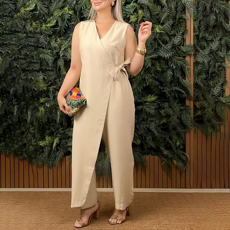 Elegant Solid Overlapping Straps V-neck Sleeveless Jumpsuit - Apricot - 5XL - image 4