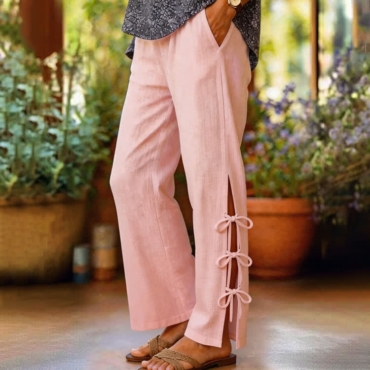 Elegant Solid Cozy Slit Lacing Casual Pocket Pants  - Pink - 2XL - image 2