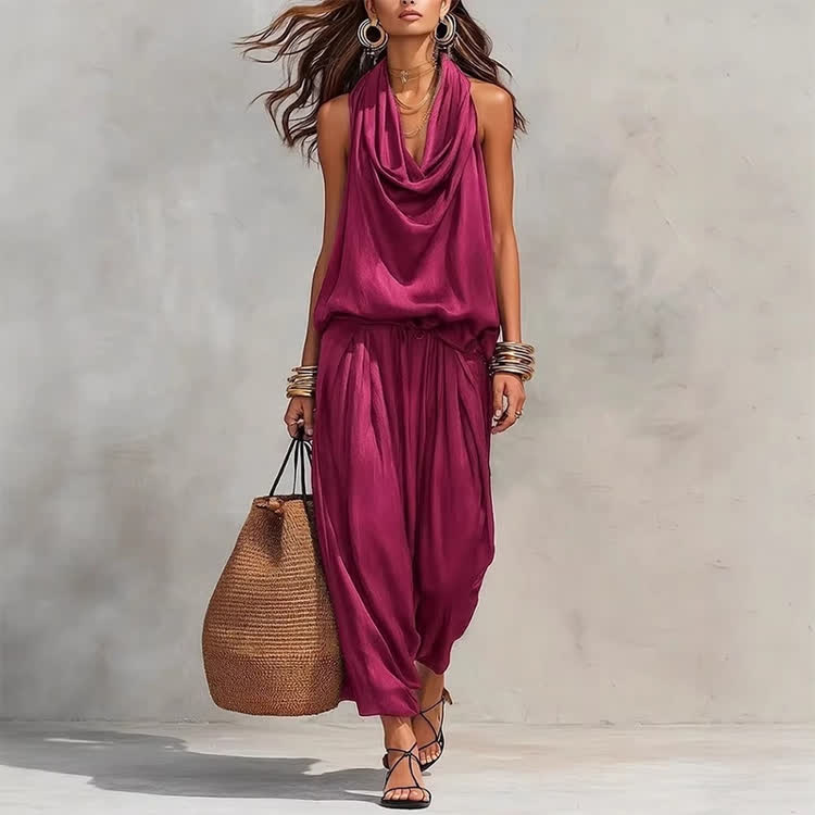 Elegant Draped Halter Neck Sleeveless Vest Top & Bloomers Pants Set - Rose - 3XL - image 2