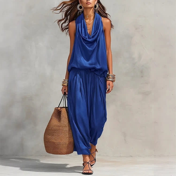 Elegant Draped Halter Neck Sleeveless Vest Top & Bloomers Pants Set - Blue - 3XL - image 1