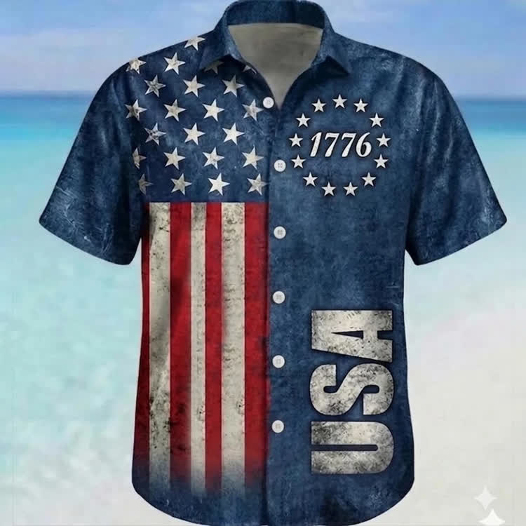 Independence Day 1776 Print Short Sleeve Lapel Hawaiian Shirt - Blue - 6XL - image 1