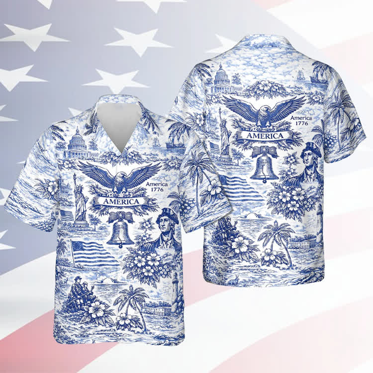 Vintage 1776 Independence Day Newspaper Print Short Sleeve  Cuban-collar Hawaiian Shirt - Blue - 6XL - image 1
