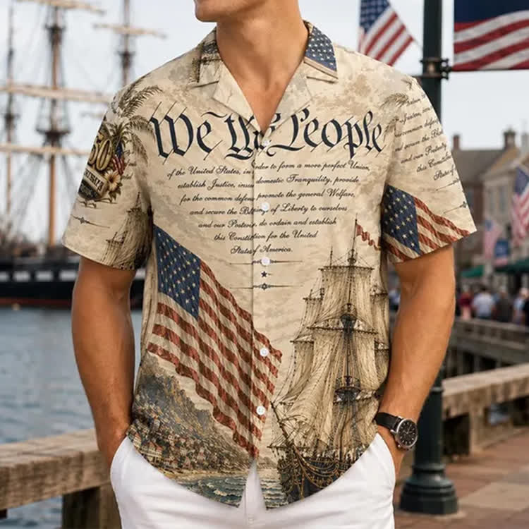 Retro Independence Day Poster: We The People Print Short Sleeve  Cuban-collar Hawaiian Shirt - Apricot - 6XL - image 1