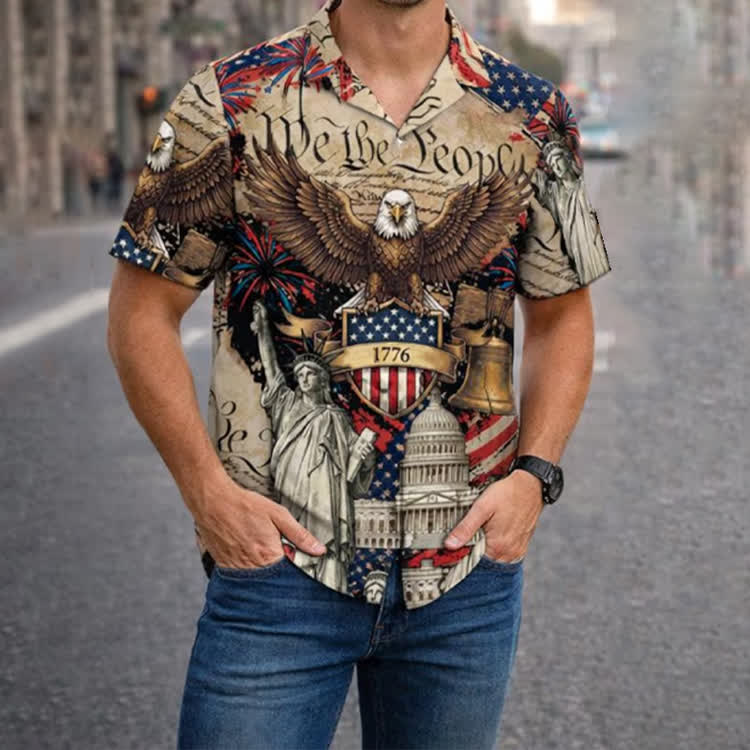 Retro Independence Day We The People Print Short Sleeve  Cuban-collar Hawaiian Shirt - Apricot - 6XL - image 1