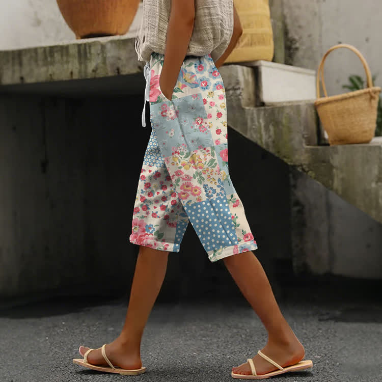 Pastoral Romantic Floral Patchwork Pattern Print Casual Pocket Mid Short Pants  - Light Blue - US 24 (4XL) - image 1