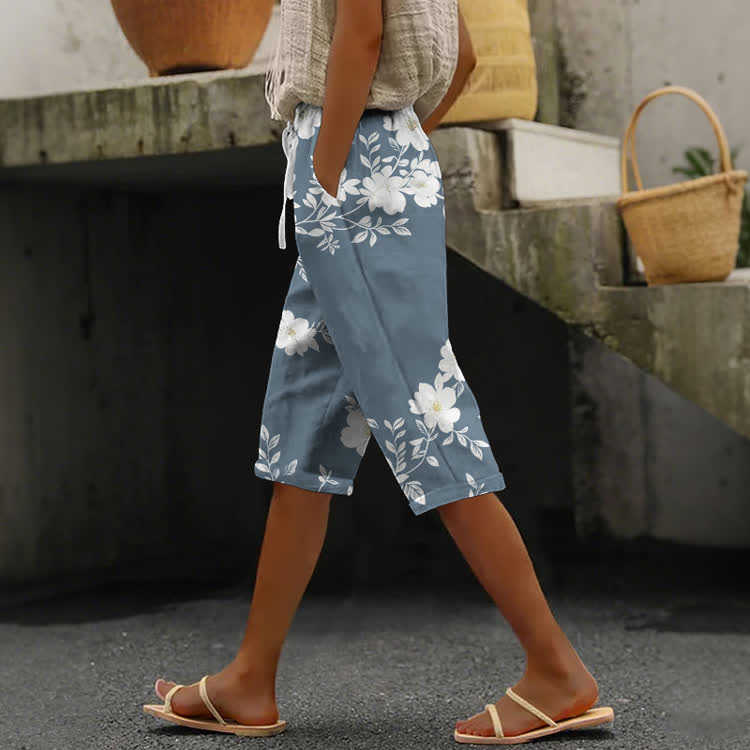Vintage Floral Branch Pattern Print Casual Pocket Mid Short Pants  - Light Blue - US 24 (4XL) - image 1