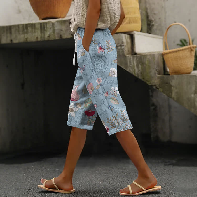 Cottagecore Blue Floral Pattern Print Casual Pocket Mid Short Pants  - Light Blue - US 24 (4XL) - image 1