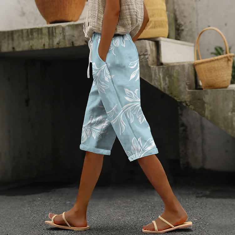 Elegant Scrolling Vine Motif Pattern Print Casual Pocket Mid Short Pants  - Light Blue - US 20 (5XL) - image 1