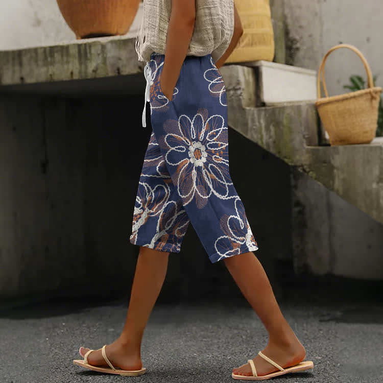 Chic Floral Pattern Print Casual Pocket Mid Short Pants  - Dark Blue - US 20 (5XL) - image 1