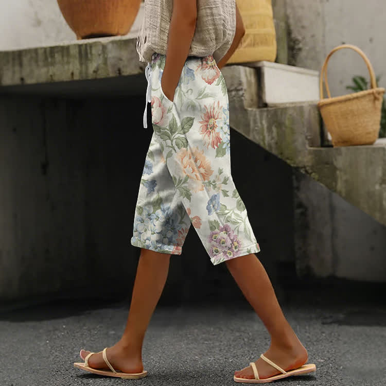  Vintage Florals Pattern Print Casual Pocket Mid Short Pants  - Apricot - US 20 (5XL) - image 1