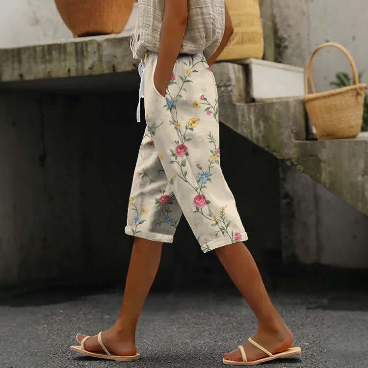 Vintage Floral Pattern Print Casual Pocket Mid Short Pants  - Apricot - US 24 (4XL) - image 1