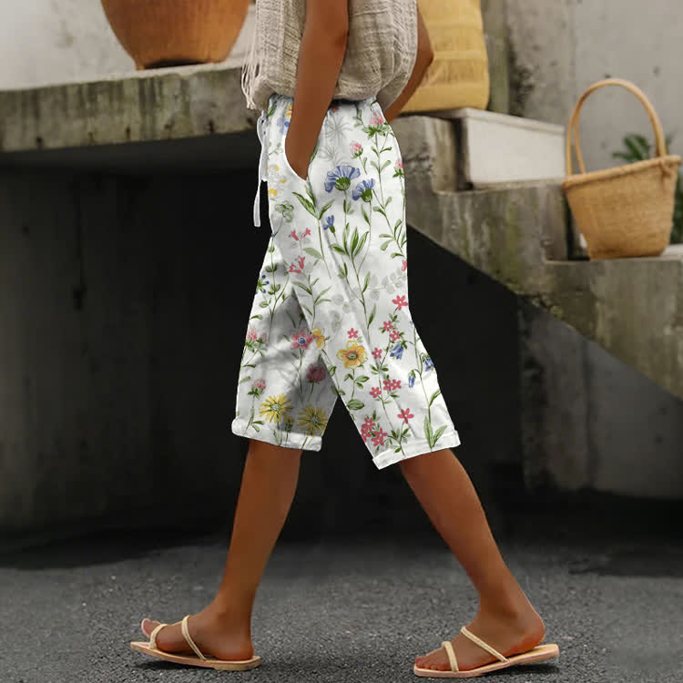  Pastoral Watercolor Flowers And Plants Pattern Print Casual Pocket Mid Short Pants  - White - US 20 (5XL) - image 1