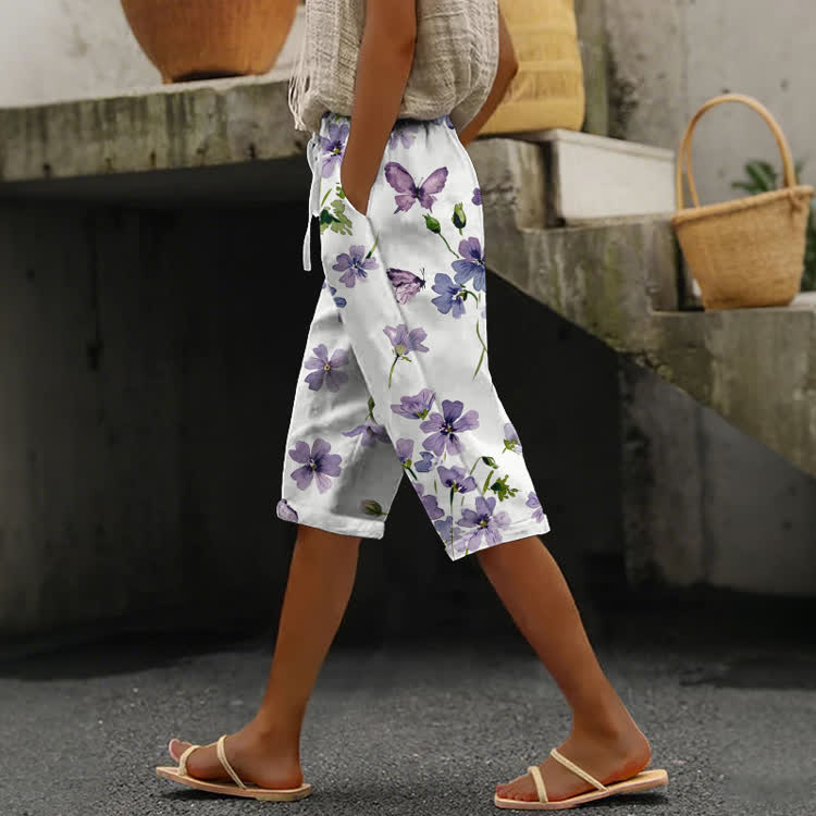 Elegant Watercolor Natural Flowers Pattern Print Casual Pocket Mid Short Pants  - White - US 20 (5XL) - image 1