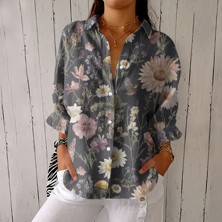 Garden World Pattern Print Half-Sleeve Button-Down Shirt - Dark Grey - US 26 (6XL) - image 2
