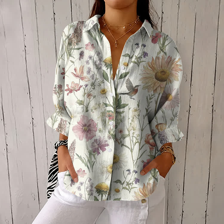 Garden World Pattern Print Half-Sleeve Button-Down Shirt - Beige - US 26 (6XL) - image 1