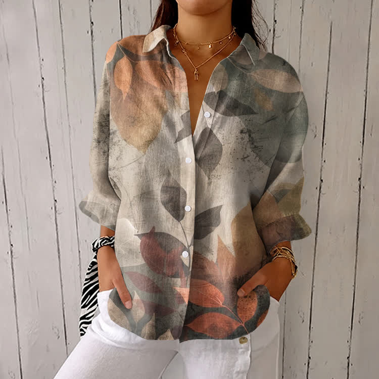 Melancholy Of Fallen Leaves Pattern Print Half-Sleeve Button-Down Shirt - Khaki - US 26 (6XL) - image 1
