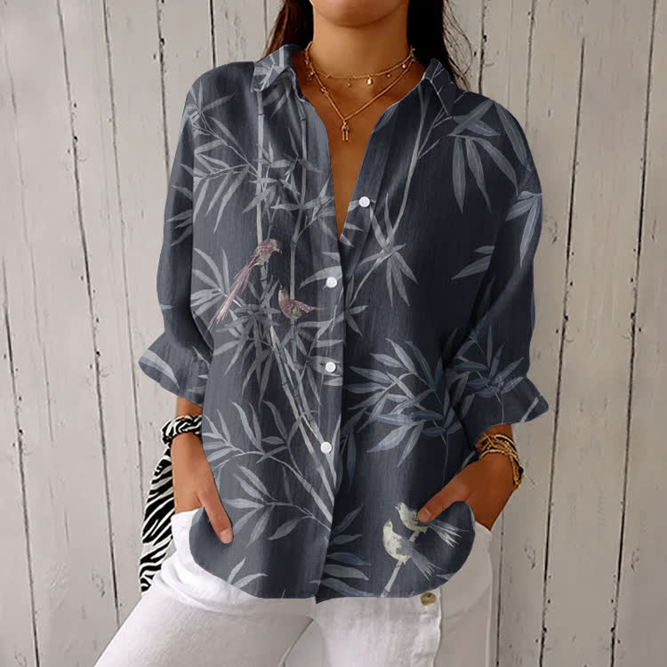 Bamboo Grove And Birds Pattern Print Half-Sleeve Button-Down Shirt - Black - US 26 (6XL) - image 2