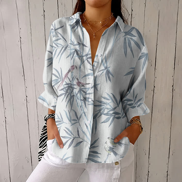 Bamboo Grove And Birds Pattern Print Half-Sleeve Button-Down Shirt - Light Gray - US 26 (6XL) - image 1