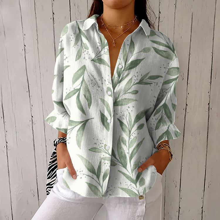 Watercolor Leaves Pattern Print Half-Sleeve Button-Down Shirt - Light Green - US 26 (6XL) - image 1