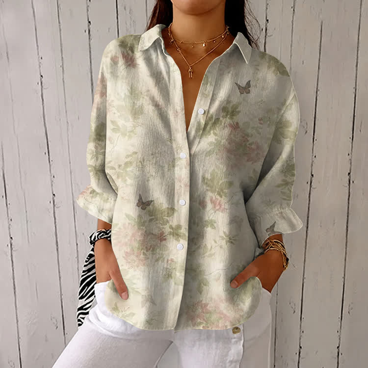 Watercolor Flowers And Butterflies Pattern Print Half-Sleeve Button-Down Shirt - Apricot - US 26 (6XL) - image 1