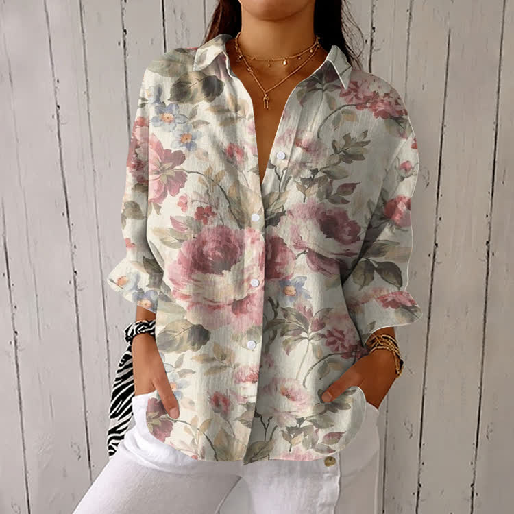 Vintage Rococo Florals Pattern Print Half-Sleeve Button-Down Shirt - Apricot - US 26 (6XL) - image 1