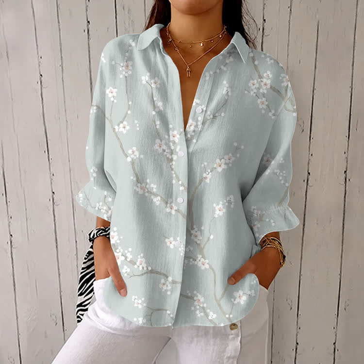 Elegant Plum Blossoms Pattern Print Half-Sleeve Button-Down Shirt - Sky Blue - US 26 (6XL) - image 1