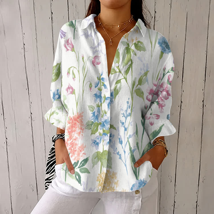 Watercolor Floral Art Pattern Print Half-Sleeve Button-Down Shirt - White - US 26 (6XL) - image 1