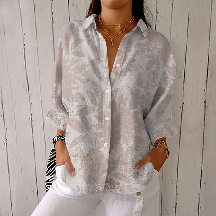 Distressed Botanical Silhouettes Pattern Print Half-Sleeve Button-Down Shirt - Apricot - US 26 (6XL) - image 1