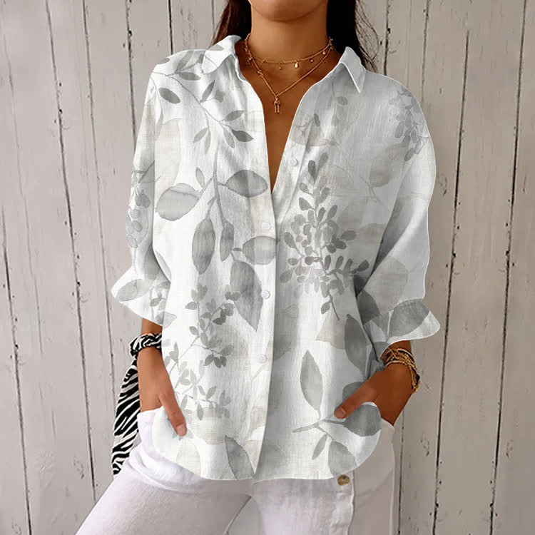 Ink-Style Leaves Silhouettes Pattern Print Half-Sleeve Button-Down Shirt - White - US 26 (6XL) - image 1