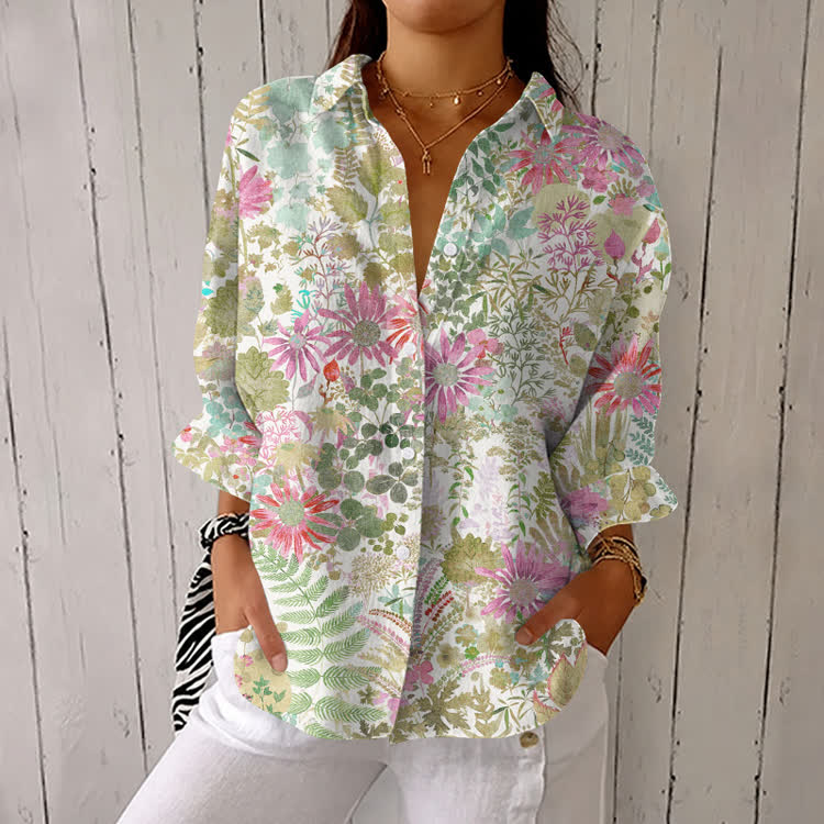 Tropical Flower World Pattern Print Half-Sleeve Button-Down Shirt - White - US 26 (6XL) - image 2