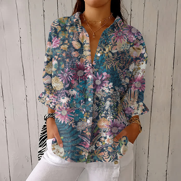 Tropical Flower World Pattern Print Half-Sleeve Button-Down Shirt - Dark Blue - US 26 (6XL) - image 1