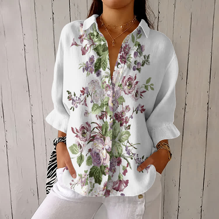 Rococo Large Floral Pattern Print Half-Sleeve Button-Down Shirt - White - US 26 (6XL) - image 2