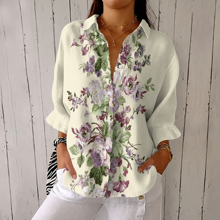 Rococo Large Floral Pattern Print Half-Sleeve Button-Down Shirt - Apricot - US 26 (6XL) - image 1