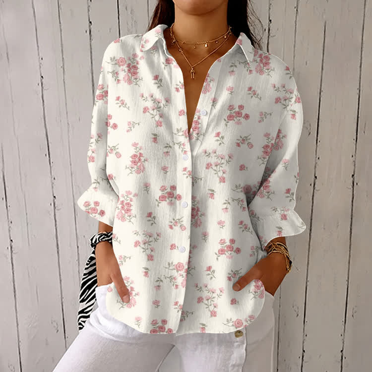 Romantic Little Roses Pattern Print Half-Sleeve Button-Down Shirt - Beige - US 26 (6XL) - image 1