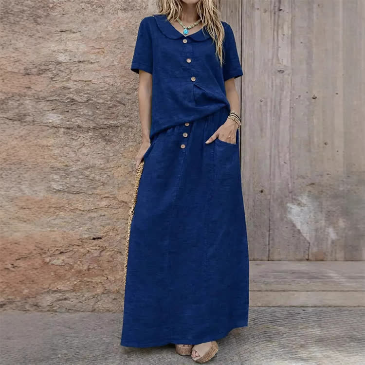 Elegant Solid Buttons Short Sleeve Peter Pan Collar Blouse & Solid Pocket Buttons Skirt Set - Dark Blue - 3XL - image 2
