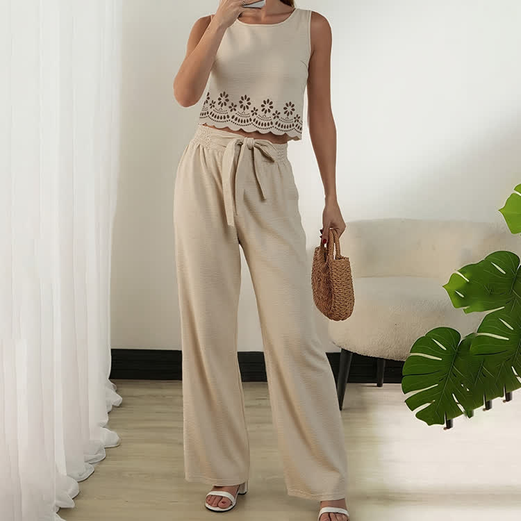 Elegant Solid Burnout Cutwork Round-neck Sleeveless Top & Lacing Pants Set - Khaki - XL - image 2