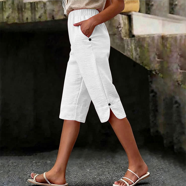 Elegant Solid Cozy Button-slit Hem Casual Pocket Capri Mid Pants  - White - 3XL - image 2
