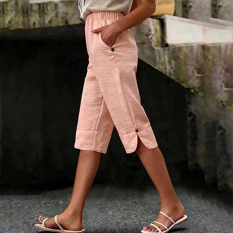 Elegant Solid Cozy Button-slit Hem Casual Pocket Capri Mid Pants  - Light Pink - 3XL - image 1