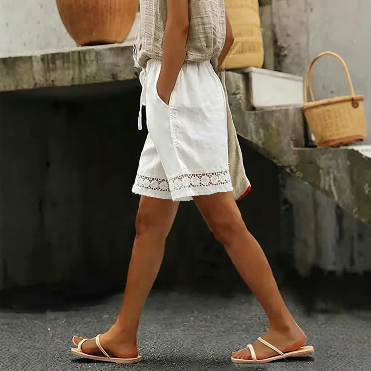 Cozy Solid Texture Lace Splicing Large Pockets Short Pants  - White - 2XL - image 2