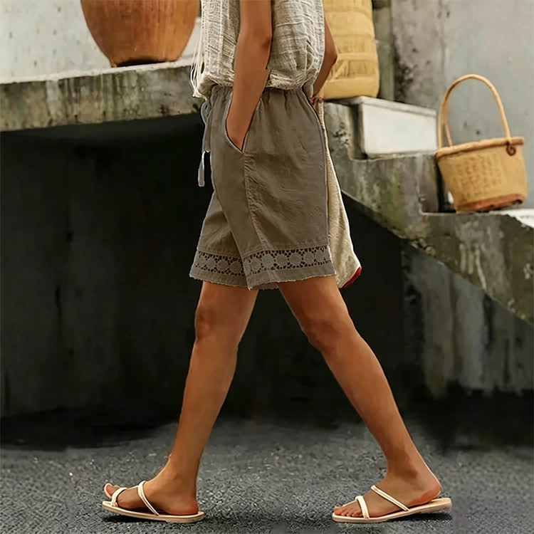 Cozy Solid Texture Lace Splicing Large Pockets Short Pants  - Khaki - 2XL - image 3