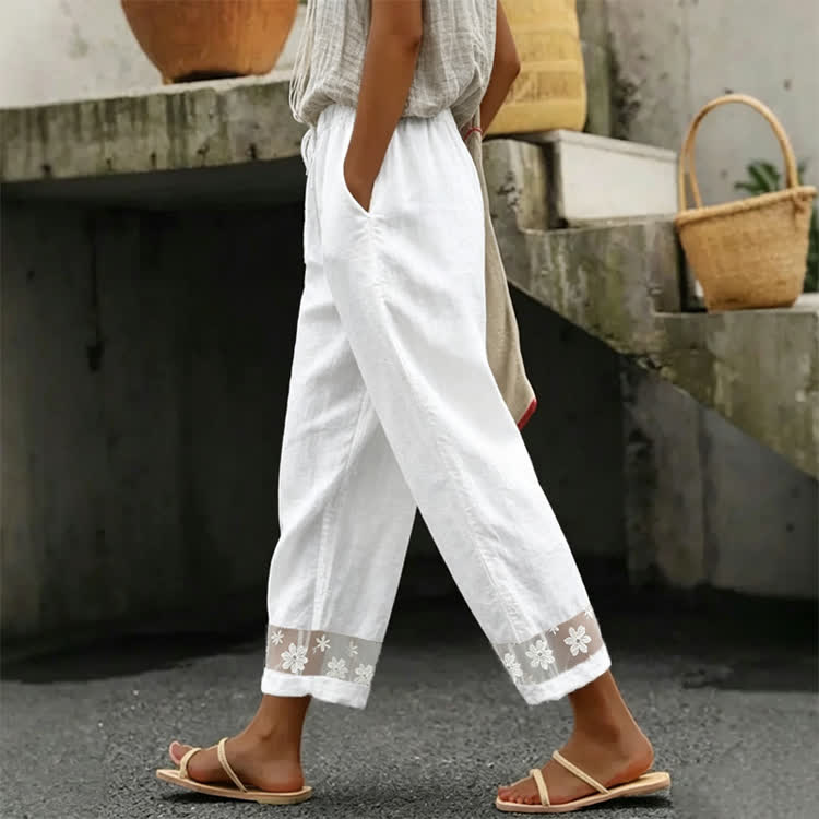 Elegant Solid Cozy Lace Splicing Casual Pocket Pants  - White - 4XL - image 1