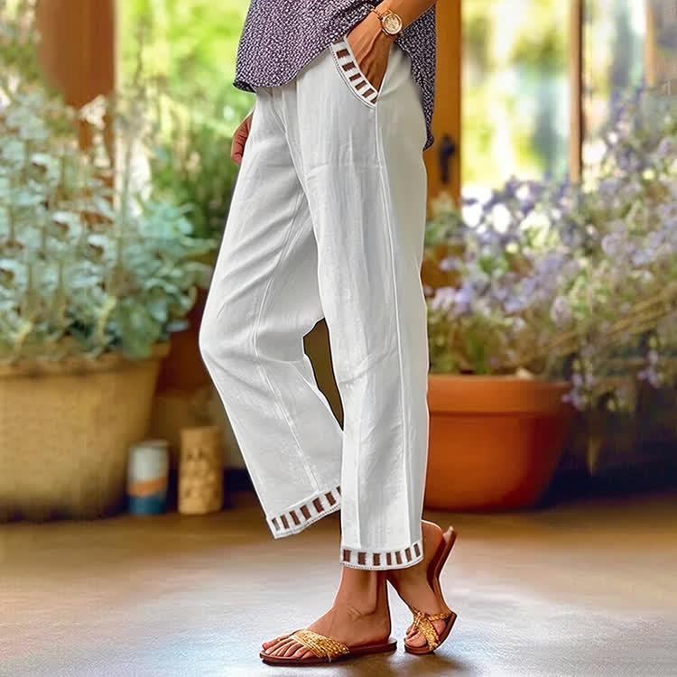 Elegant Solid Lace Splicing Casual Pocket Pants  - White - 5XL - image 1