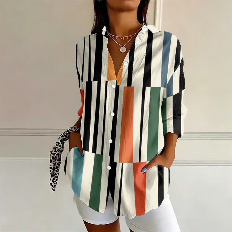 Multicolor Geometric Block Stripe Print Long Sleeve Blouse - Multicolor - 4XL - image 1